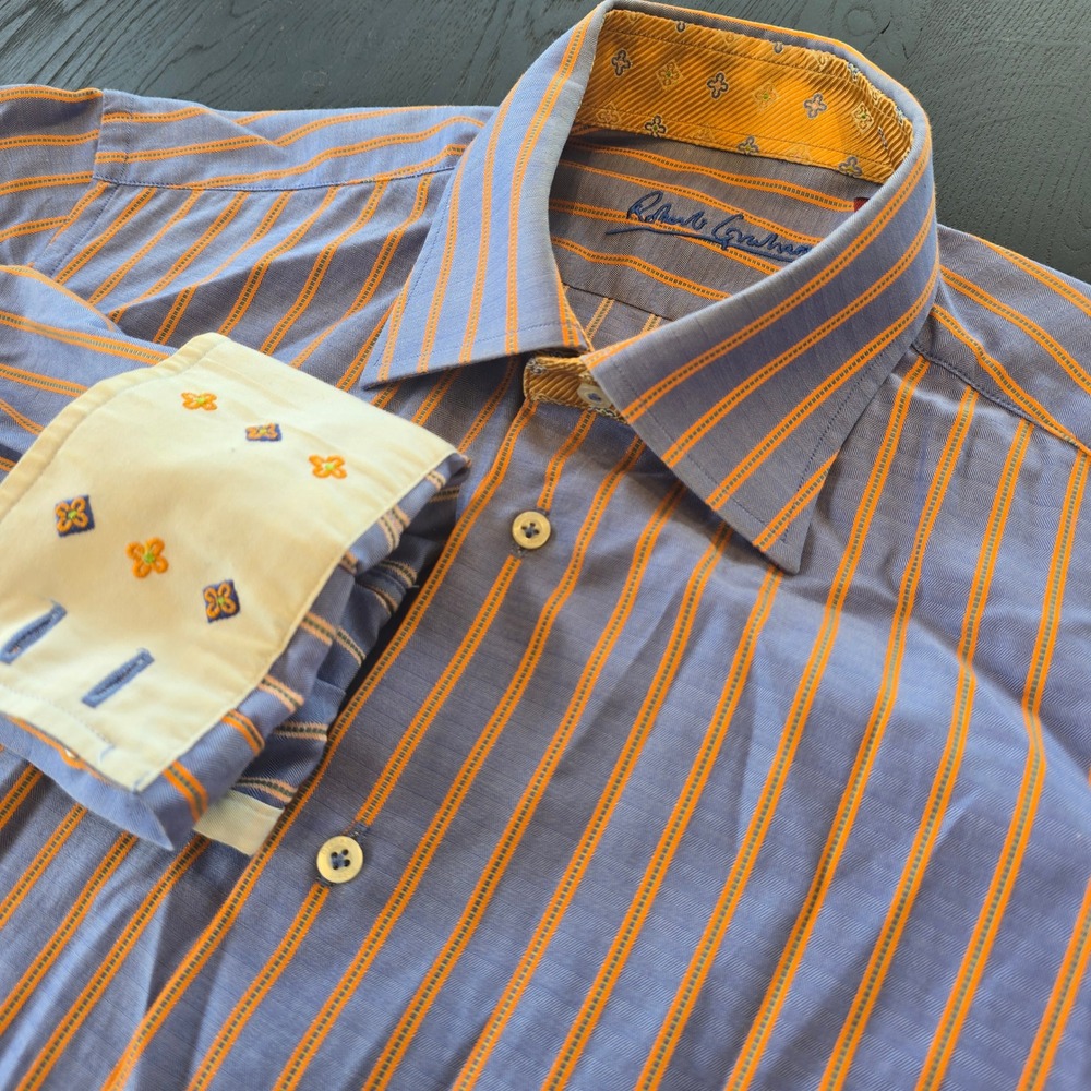 Robert Graham Mens Blue Orange Striped Cotton Silk Button Down Shirt Size 16 L‎